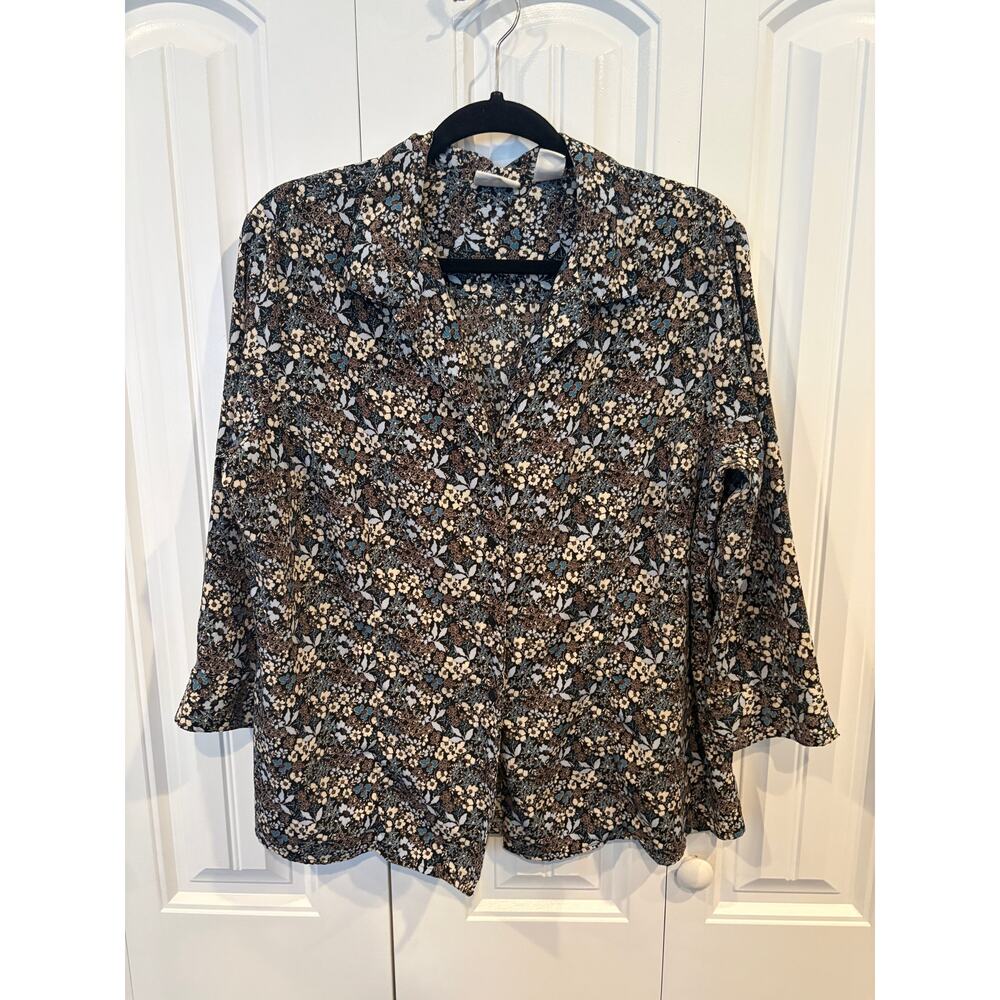 Covington Brown And Blue Floral Textured Button Down Blouse Size XL